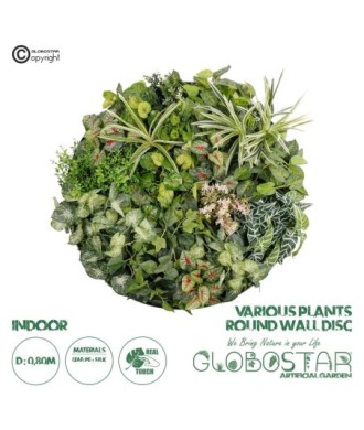 GloboStar® Artificial Garden VARIOUS PLANTS ROUND WALL DISC 20690 Τεχνητό Διακοσμητικό Στρογγυλό Πάνελ Φυλλωσιάς - Κάθετος Κήπος Μιξ Μ80 x Π80 x Υ20cm